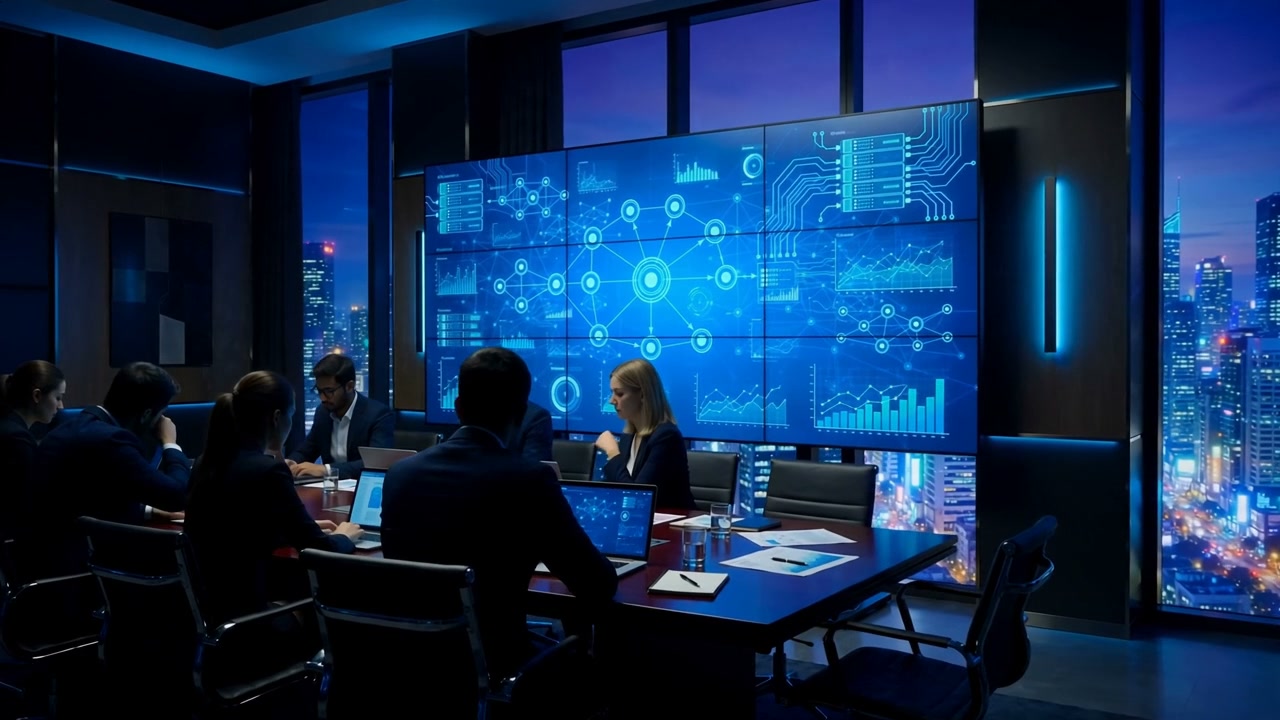 Salle de conférence sombre et élégante : des consultants en technologie réunis autour d'une table, devant un mur d'écrans de données bleu